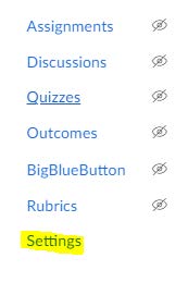 part of the course navigation menu where the "Settings" is listed and highlighted at the bottom of the menu