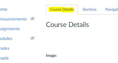 Selecting the course Settings from the navigation menu will see the Course Details tab, highlighted on the image.