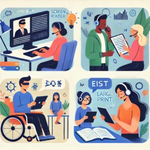a modern, professional style depicting a diverse group of people using various assistive technologies